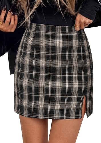 Women's Plaid Mini Bodycon Pencil Skorts | Going-Out Bottoms with Shorts Underneath, High Elastic Waist, Slit, Fall Y2K Outfit for Date Night & Holiday Party
